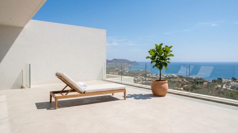 Zonnig terras met loungestoel en planten