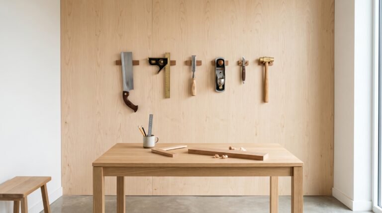 Handgereedschap netjes geordend op een houten werkbank