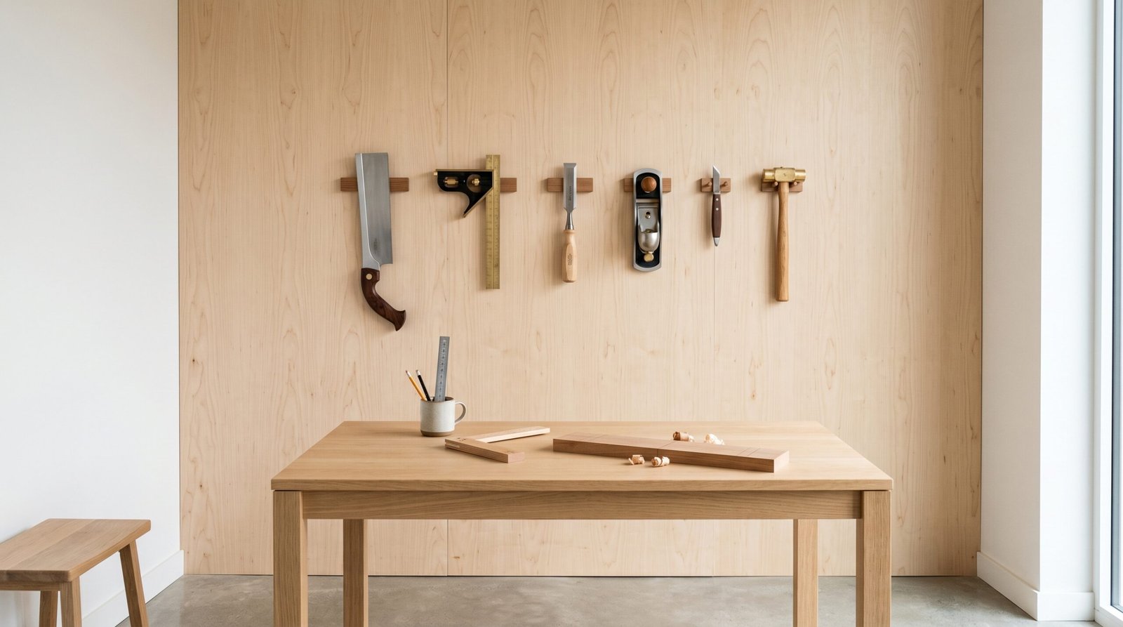 Handgereedschap netjes geordend op een houten werkbank