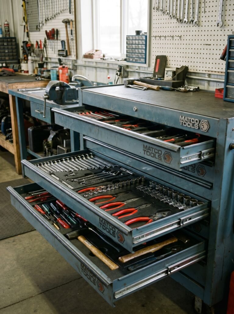 Handgereedschap netjes geordend op een houten werkbank