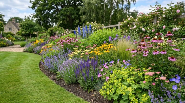 Tuinpad met bloeiende borders in de zomer
