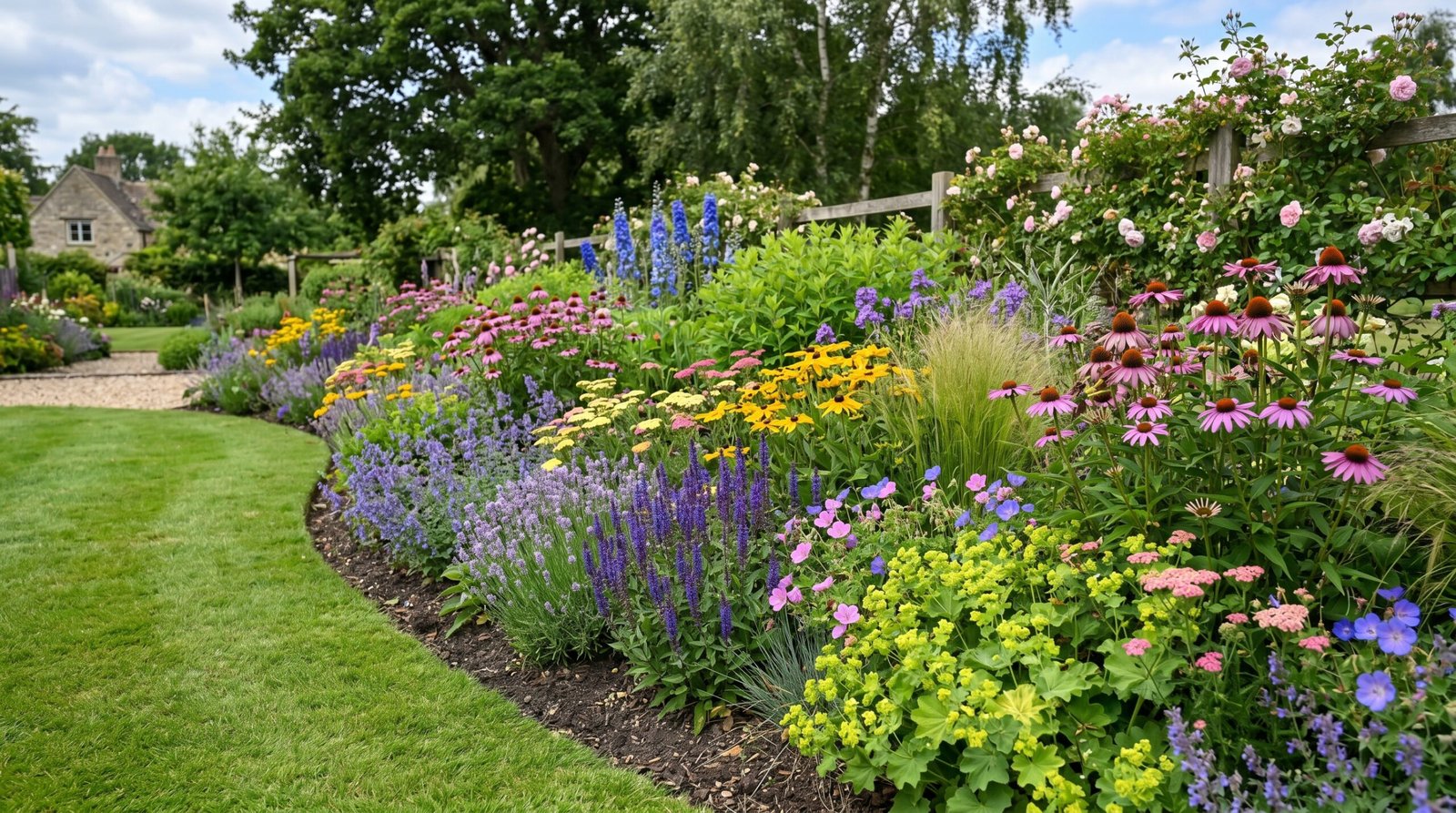 Tuinpad met bloeiende borders in de zomer