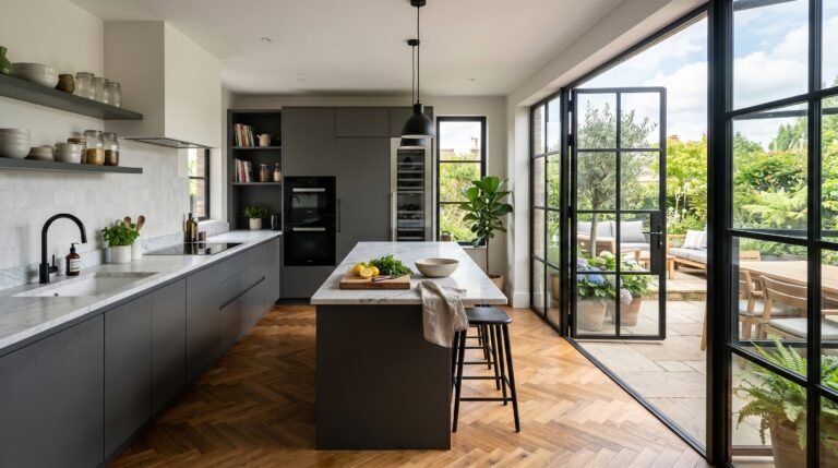 Moderne keuken met visgraatvloer en natuurlijk licht