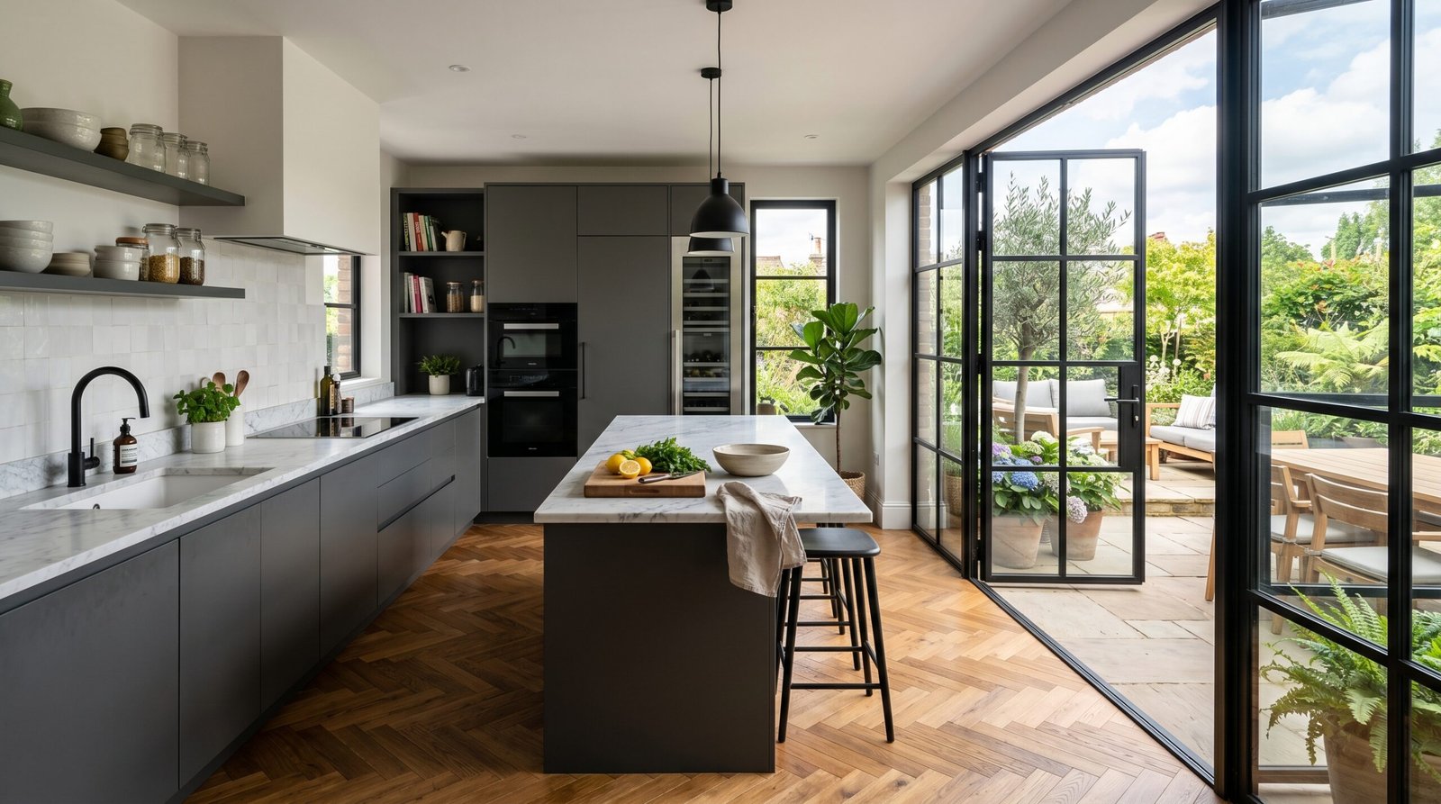 Moderne keuken met visgraatvloer en natuurlijk licht