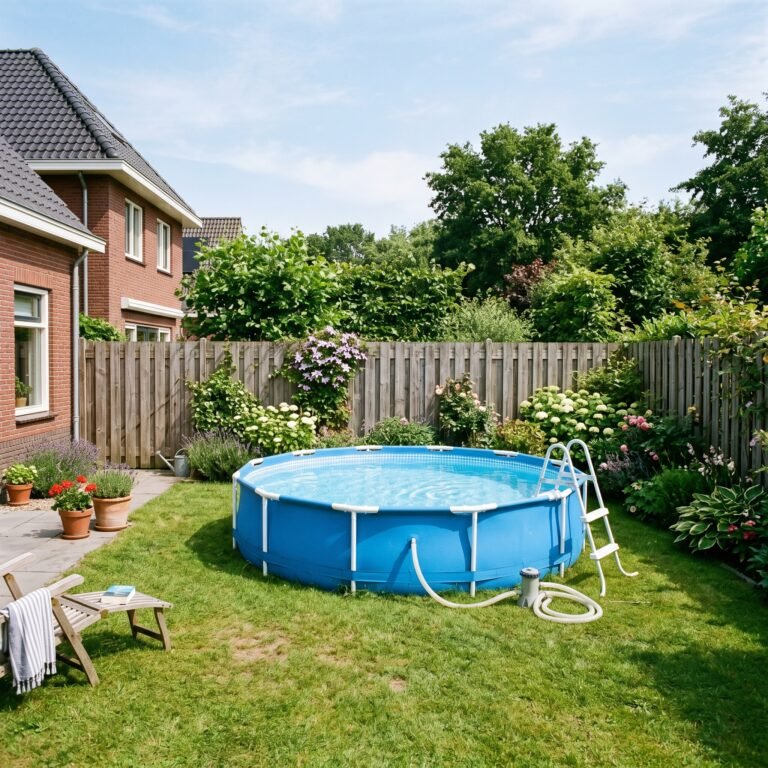 Zwembad in de tuin met helder, sprankelend water in de zomer