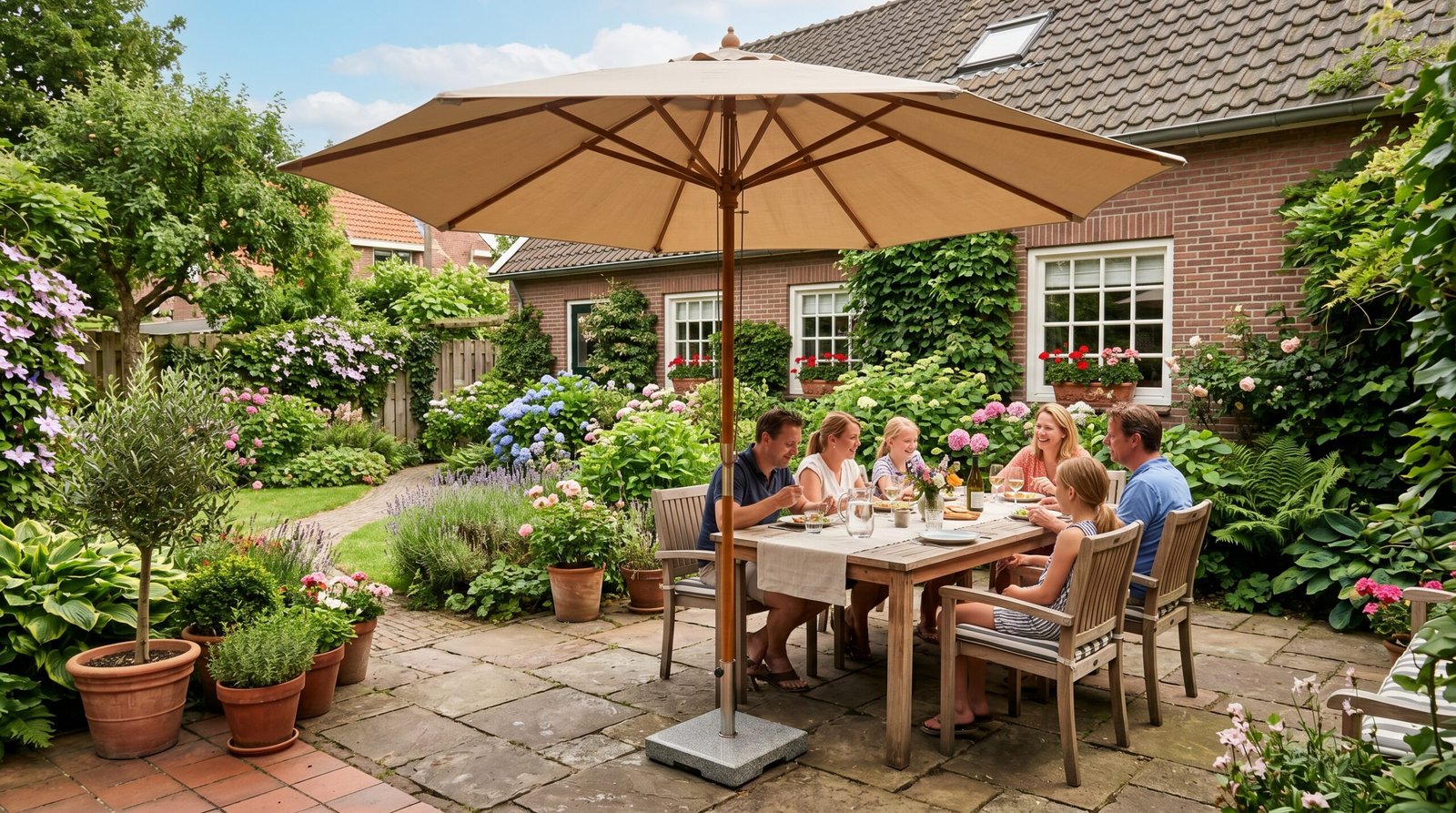 Zonnig terras in een tuin met een grote parasol boven de eettafel