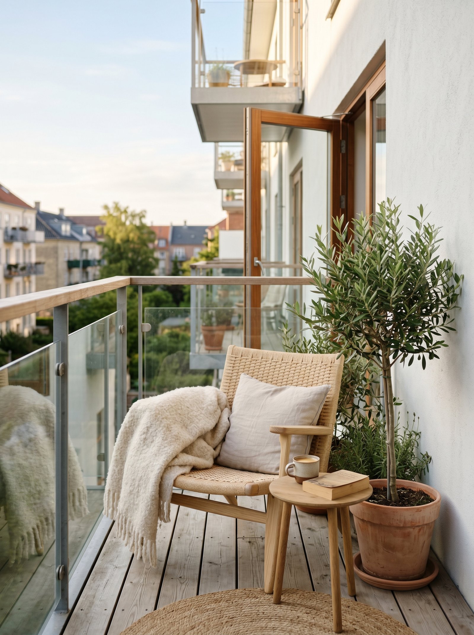 Gezellig terras met schaduwdoek in de zomer