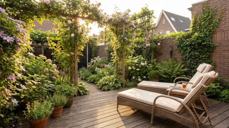 Tuinpad met bloeiende borders in de zomer