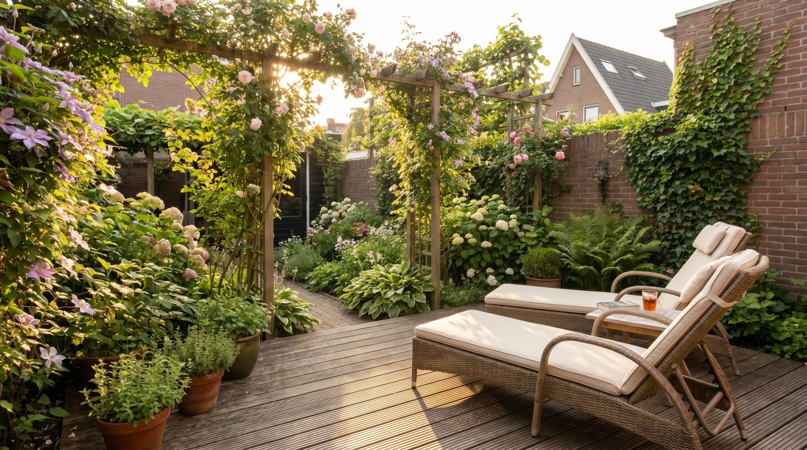 Tuinpad met bloeiende borders in de zomer